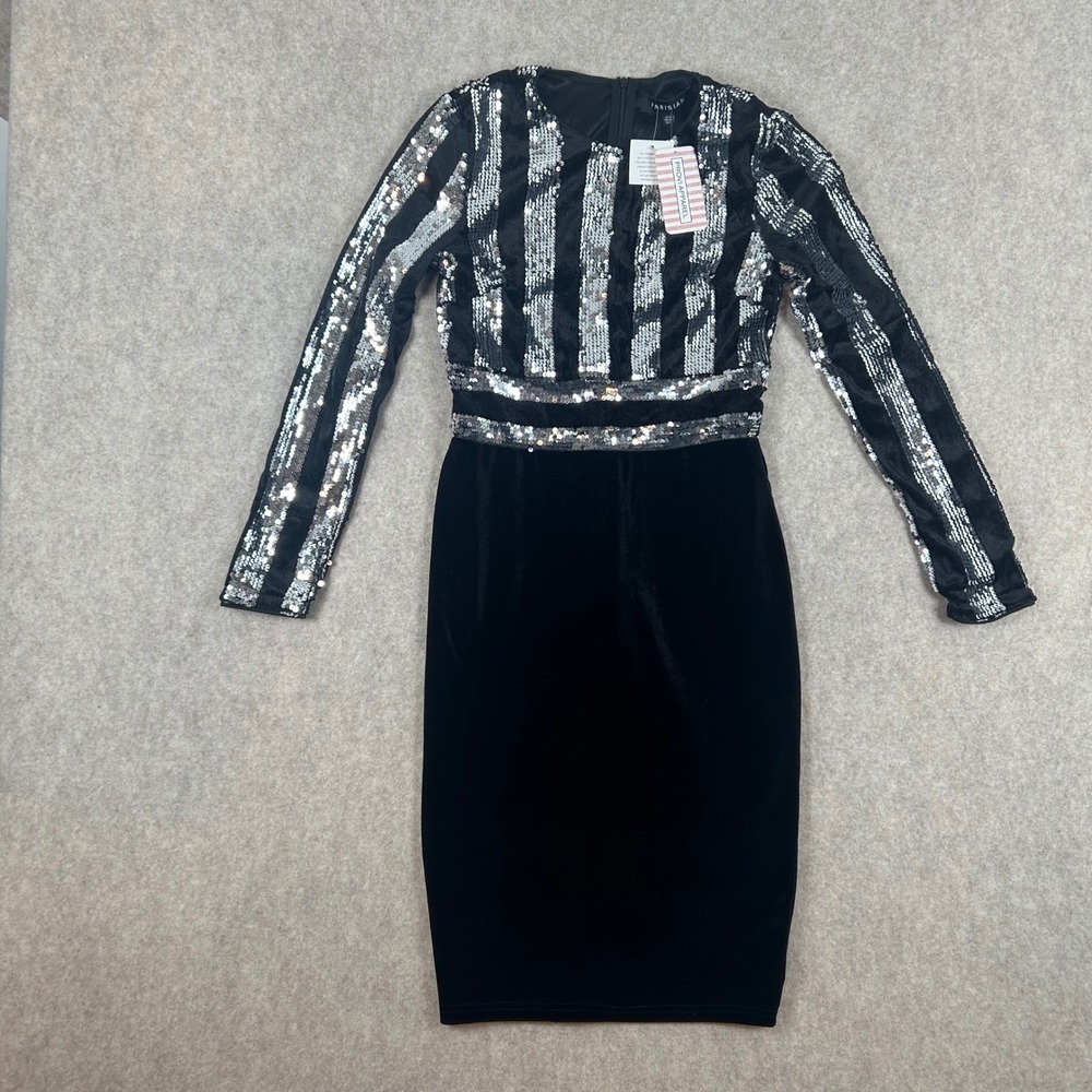 Parisian Sequin Velvet Dress Womens Size 6 Black Silver Striped Long Sleeve